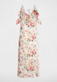 Abito maxi floreale in tessuto color crema chiaro con fiori rosa e blu vivaci. Design off-the-shoulder con maniche a volant e dettaglio con fiocco.
