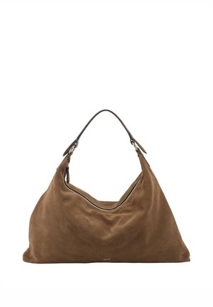 Weiche braune Wildleder-Schultertasche mit einem schwarzen Riemen und einem Reißverschluss am oberen Rand.