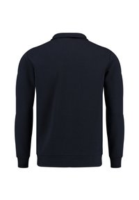 Polo shirt a maniche lunghe di colore blu scuro con colletto, tessuto testurizzato e polsini a coste. Caratterizzato da un colore uniforme senza motivi visibili.