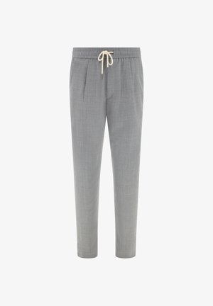 Vaaleanharmaat rennot housut, joissa on joustava vyötärönauha ja valkoinen nauha, istuva leikkaus ja hienovarainen tekstuuri.