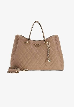 Borsa trapuntata beige in materiale sintetico con accessori color oro, doppi manici, tracolla removibile e charm brandizzato.