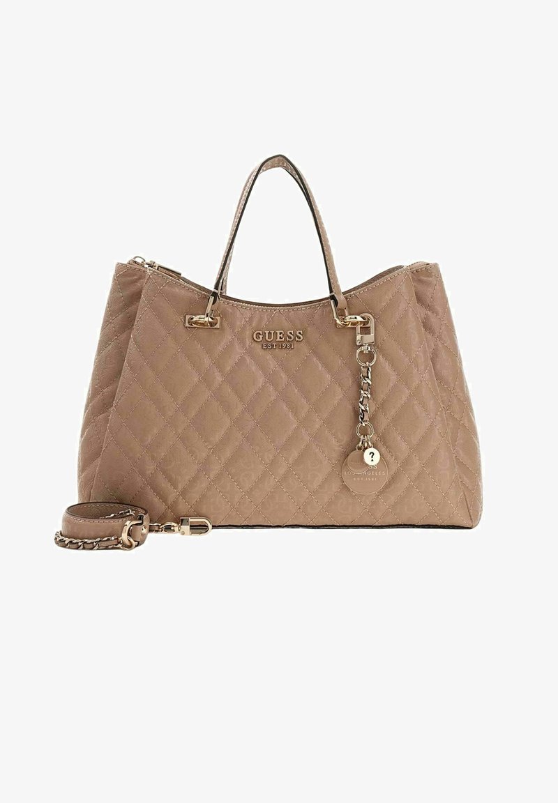 Borsa trapuntata beige in materiale sintetico con accessori color oro, doppi manici, tracolla removibile e charm brandizzato.