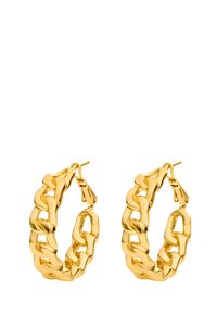 Boucles d'oreilles en ton d'or avec un design en maillons de chaîne épais, avec une texture lisse et polie, et une fermeture à clapet sécurisée.