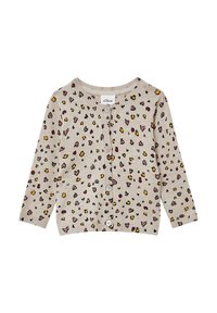 Licht beige cardigan met ronde halslijn, lange mouwen en sluiting met knopen. Beschikt over een meerkleurig dierenprintpatroon door het hele kledingstuk.