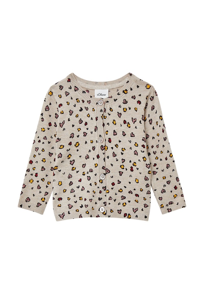 Licht beige cardigan met ronde halslijn, lange mouwen en sluiting met knopen. Beschikt over een meerkleurig dierenprintpatroon door het hele kledingstuk.