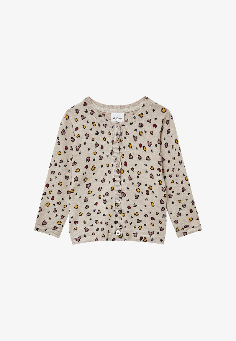 Helle beige Strickjacke mit Rundhalsausschnitt, langen Ärmeln und durchgehenden Knöpfen. Verfügt über ein mehrfarbiges Tiermuster.