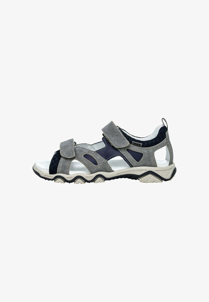 Gray and navy sandal featuring adjustable Velcro straps, cut-out design, textured suede and rubber sole, with a lightly contoured footbed.