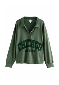 Grüner Pullover mit Kragen, mit "CHICAGO MIDWEST" in dunkelgrüner Schrift, aus weichem Baumwollmischgewebe.