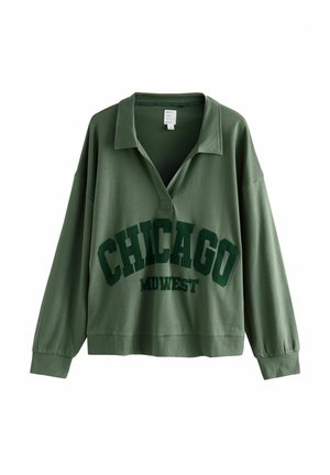 Zöld pulóver, gallérral, sötétzöld betűkkel "CHICAGO MIDWEST" felirattal, puha pamutkeverék anyagból.