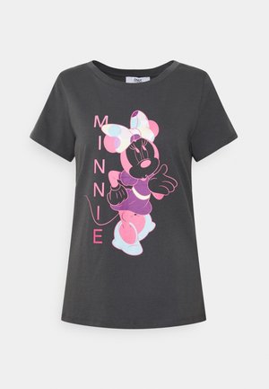 Czarny t-shirt z krótkim rękawem z różową i fioletową grafiką Minnie Mouse oraz pionowym napisem "MINNIE" z przodu.