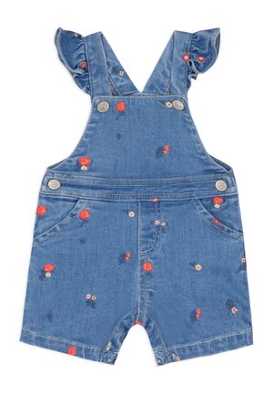 Jeans-Latzshorts mit Rüscheträgern, verziert mit floralem Stickerei in Rot, Gelb und Blau auf einem hellblauen Hintergrund. Zwei Taschen.