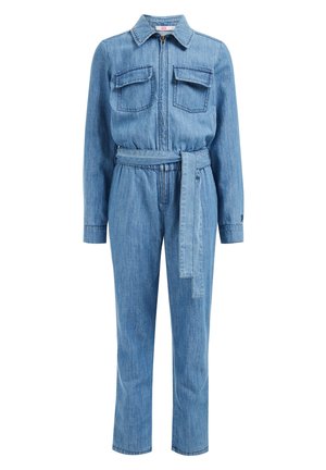 Denim-Jumpsuit in Hellblau mit einem Reißverschluss vorne, langen Ärmeln, zwei Brusttaschen, tailliertem Design und geradem Bein.