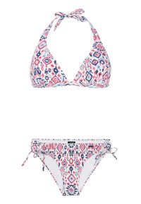 Bikini-set met een driehoekige top en gestrikte bandjes, met een kleurrijk geometrisch patroon in roze, marineblauw en wit. Verstelbare zijbandjes aan de broekjes.