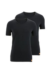 T-shirts noirs à col en V, à manches courtes, en tissu lisse, avec des étiquettes à l'ourlet avec un accent orange, deux pièces dans l'ensemble.