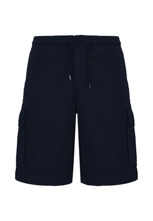 Pantaloncini cargo blu navy con vita a coulisse, chiusura con bottone e tasche con pattina su entrambi i lati, mostrati su sfondo bianco.