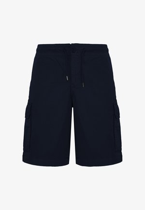 Pantaloncini cargo blu navy con vita a coulisse, chiusura con bottone e tasche con pattina su entrambi i lati, mostrati su sfondo bianco.