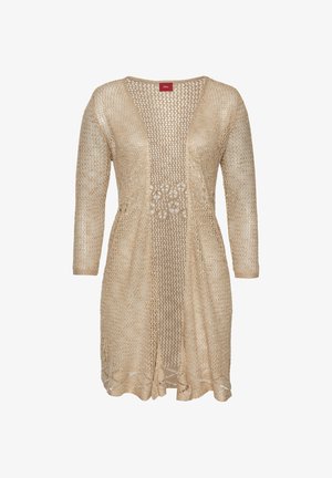 Beige open-front crochet cardigan with three-quarter sleeves and floral knit pattern around the midsection and hem.