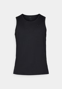 Débardeur de sport sans manches noir en tissu léger, avec un col rond et un petit logo sur la poitrine. Texture lisse.