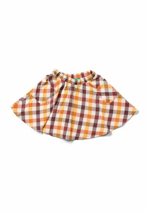 ternet nederdel med tern i orange, gul, brun og creme. Elastisk talje, udsvinget form og blød stoftekstur.