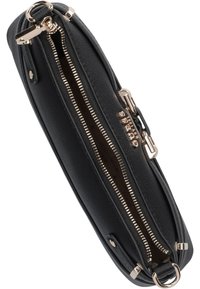 Black leather handbag with gold-tone hardware, featuring a zippered closure, smooth texture, and no visible patterns or accents.