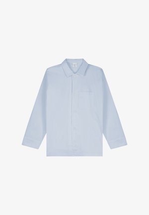 Hellblaues, langärmliges Hemd mit Knopfleiste, spitzem Kragen und Brusttasche vor schlichtem weißem Hintergrund.