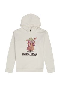 Crèmekleurige hoodie met een afbeelding van een cartoonfiguur met grote oren, gekleed in een bruine robe, en de tekst "STAR WARS THE MANDALORIAN."