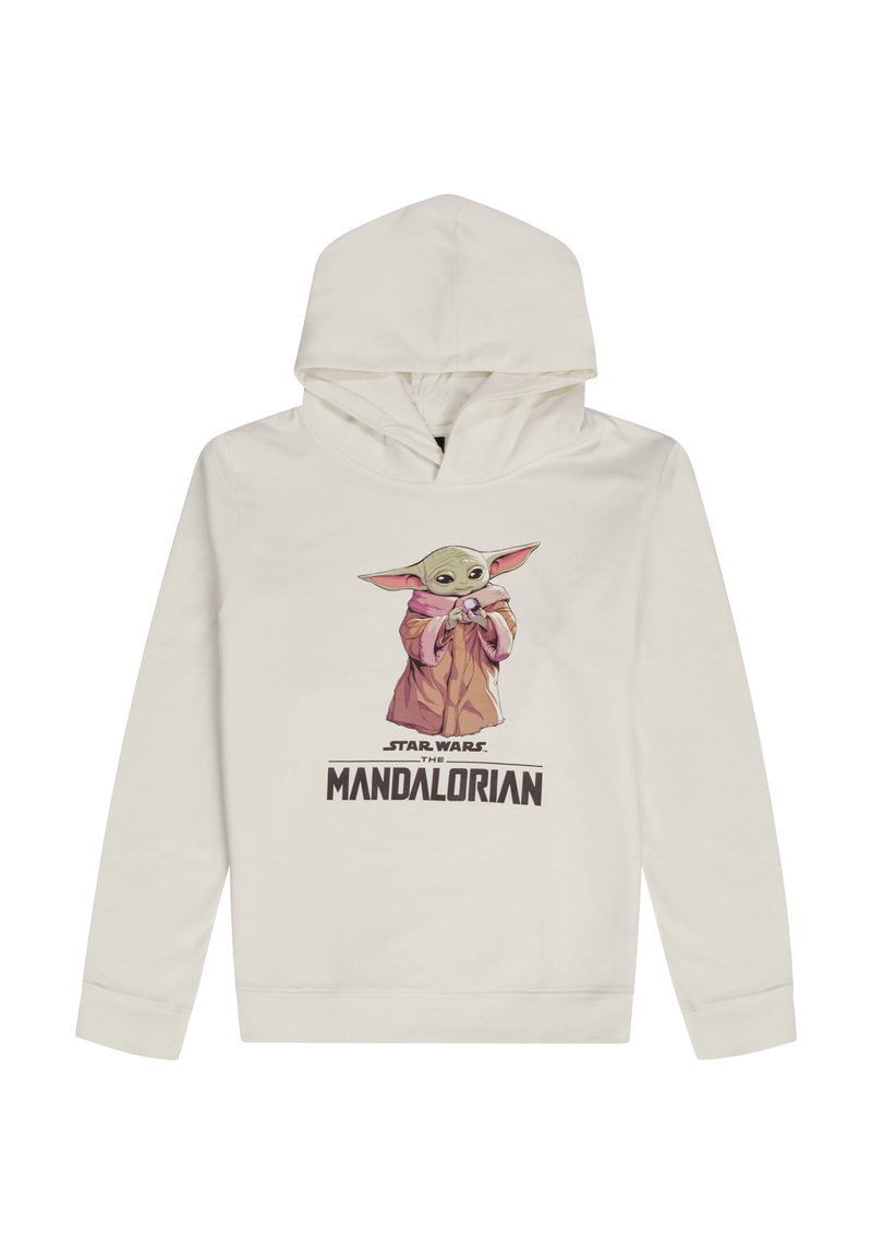 Crèmekleurige hoodie met een afbeelding van een cartoonfiguur met grote oren, gekleed in een bruine robe, en de tekst "STAR WARS THE MANDALORIAN."