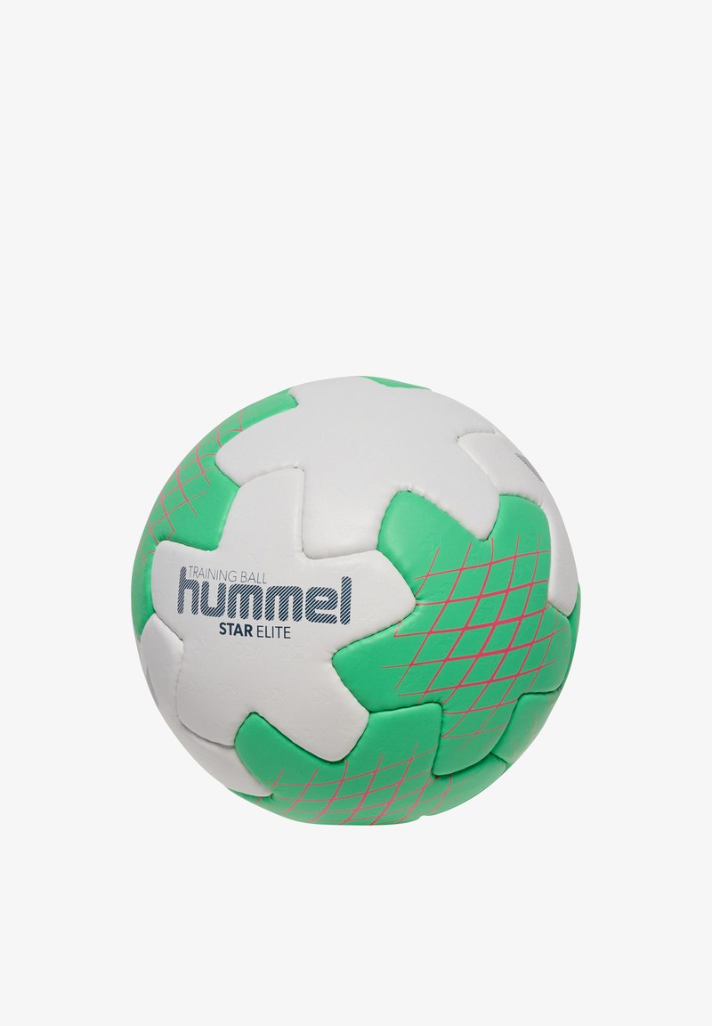 Witte en groene Hummel Star Elite trainingsbal met roze rasterlijnen en logo op een witte achtergrond.