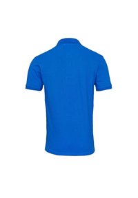 Polo bleu à manches courtes, couleur unie, col classique, en tissu de coton. Design simple, sans motifs ni accents visibles.