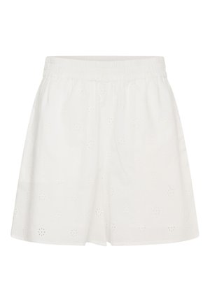 Weiße Shorts mit elastischem Bund, dezentem Blumen-Stickerei-Muster und lockerem Schnitt.