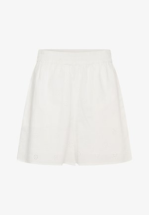 Pantalones cortos de cintura elástica blanca con un sutil patrón de ojales florales y un ajuste relajado.