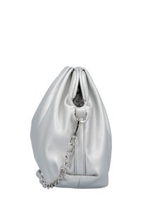 Silver leather handbag with a gathered design, a textured finish, and a silver chain strap attached to a metal loop.