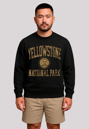 Schwarzer Hoodie mit dem Aufdruck "YELLOWSTONE NATIONAL PARK" in abgenutzter goldener Schrift und einem kreisförmigen Grafik. Rippkragen und -bündchen.