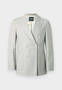 Lysegrå dobbeltknotet blazer med diskrete hvide nålestriber, hakkrave, fire forreste knapper, to påsyede lommer og en brystlomme.