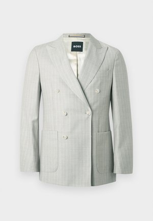 Hellgrauer, doppelt geknöpfter Blazer mit dezenten weißen Nadelstreifen, gekerbten Revers, vier Knöpfen vorne, zwei aufgesetzten Taschen und einer Brusttasche.
