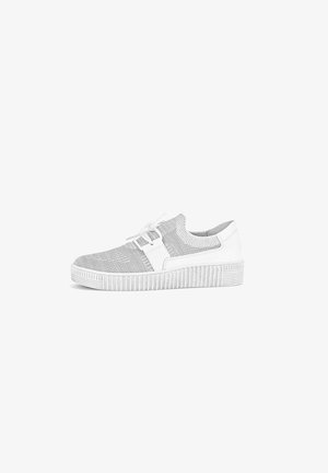 White sneakers with a mesh upper, featuring a grey accent band and textured rubber sole with horizontal ridges. Laces for secure fit.