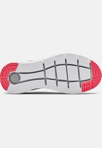 Semelle de chaussure à base blanche, avec des accents gris et rose vif, des rainures texturées pour l'adhérence, et des détails à motif sur la semelle intermédiaire.