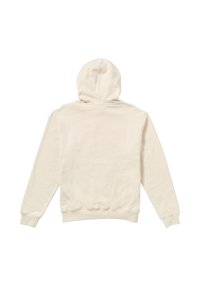 Cremfarbener Baumwollhoodie mit Kapuze und gerippten Bündchen, der eine glatte Textur und ein einfaches Design ohne sichtbare Logos oder Muster aufweist.