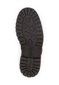 Zwarte rubberen laarzenzool met een gestructureerd loopvlak, voorzien van diepe groeven en ribbels voor grip. Gemarkeerd met "Marc O'Polo" en maat 37.