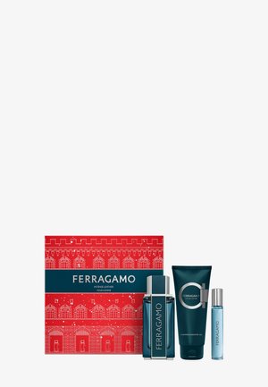 Ferragamo Intense Leather gift set with cologne, shampoo and shower gel, and a small spray, alongside a red decorative box.