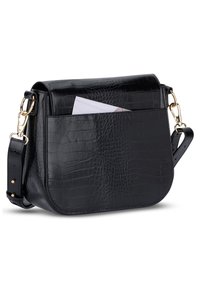 Black crossbody bag made of embossed leather, featuring a flat front pocket, gold hardware, and a removable adjustable strap.