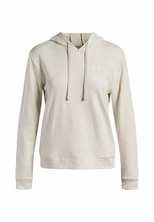 Beige hooded sweatshirt gemaakt van zachte stof, met een kangoeroe-pocket, een capuchon met trekkoord en een klein wit logo op de borst.