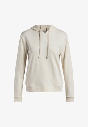 Šviesiai ruda gobtuvinė palaidinė, pagaminta iš minkštos medžiagos, su kengūros kišenėmis, raišteliu reguliuojamu gobtuvu ir mažuoju baltu logotipu ant krūtinės.