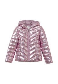 Giacca a vento lucida di color rosa chiaro con cappuccio. Presenta una chiusura con zip e un motivo a rombi trapuntato sul corpo e sulle maniche.