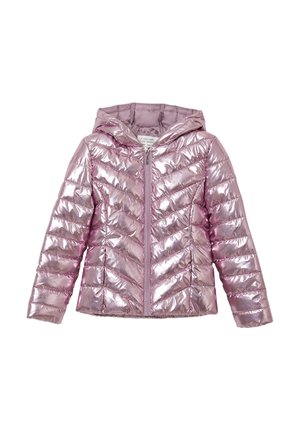 Helle rosa, glänzende Pufferjacke mit Kapuze. Verfügt über einen Reißverschluss vorne und ein Chevron-Steppmuster am Körper und an den Ärmeln.