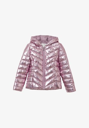 Helle rosa, glänzende Pufferjacke mit Kapuze. Verfügt über einen Reißverschluss vorne und ein Chevron-Steppmuster am Körper und an den Ärmeln.