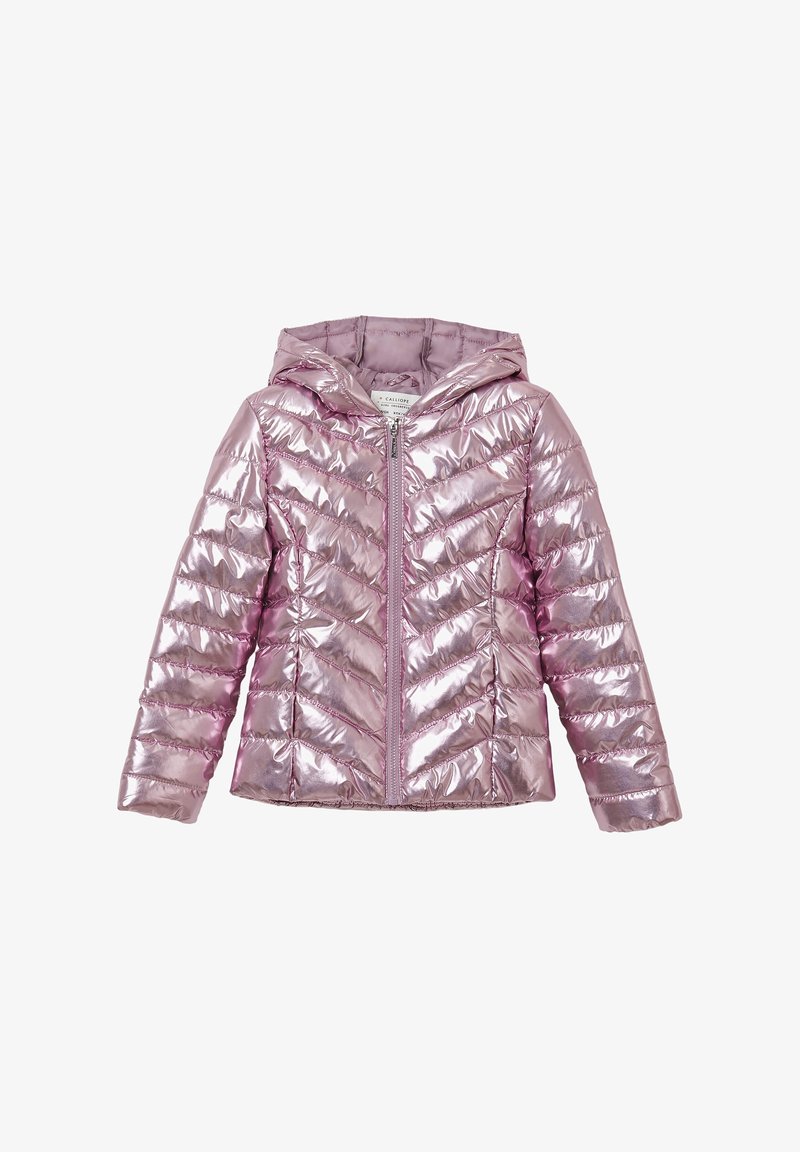 Giacca a vento lucida di color rosa chiaro con cappuccio. Presenta una chiusura con zip e un motivo a rombi trapuntato sul corpo e sulle maniche.