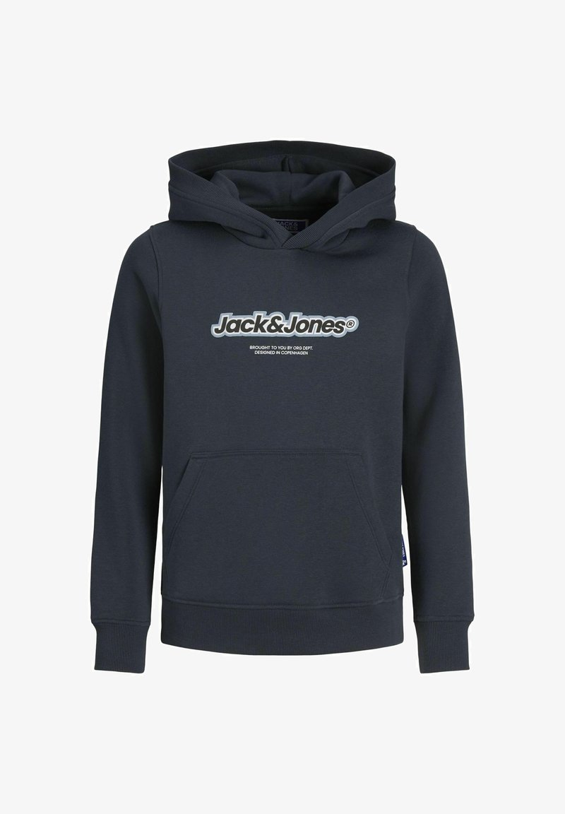 Navy blue hooded sweatshirt with a front pocket, ribbed cuffs, and a large white logo on the chest. Smooth fabric texture.