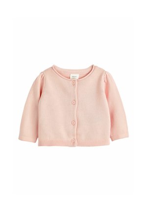 Weiches rosa Baby-Cardigan mit langen Ärmeln und vier Knöpfen vorne, hergestellt aus gestricktem Stoff.