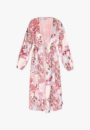 Langes, fließendes Kleid aus leichtem Stoff. Besitzt farbenfrohe Blumen- und abstrakte Muster in Rosa, Blau und Rot mit tailliertem Schnitt.